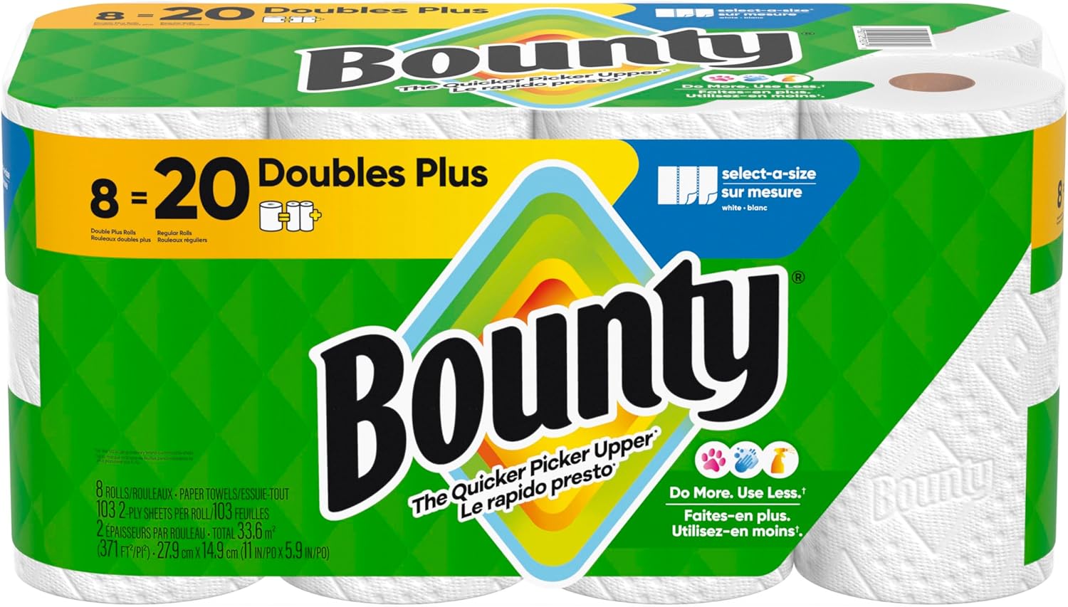Bounty Paper Towels Select-A-Size, White, 8 Double Plus Rolls = 20 Regular Rolls