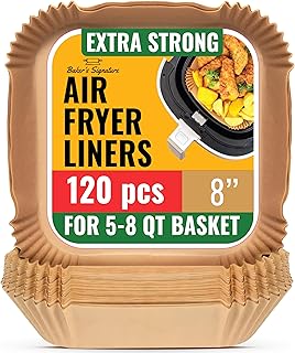 Air Fryer Paper Liners, 120Pcs Air Fryer Disposable Liners, Non-Stick and Oil Proof for Easy Cleanup, 8” Square for 5-8 qt Basket by Baker's Signature