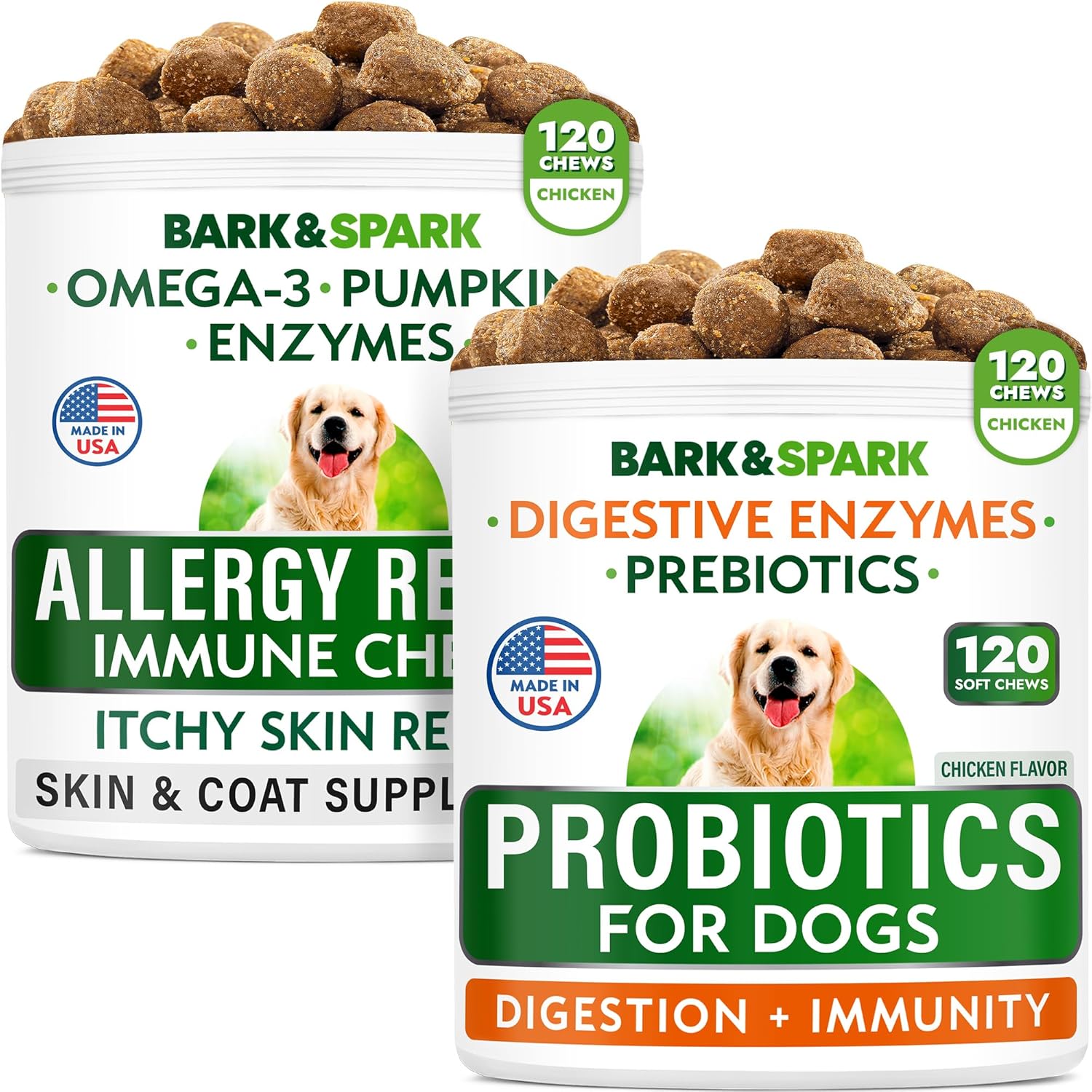 Allergy Relief Dog Treats + Dog Probiotics Chews Bundle - Omega 3 + Pumpkin + Enzymes for Itchy Skin Relief + Digestive Enzymes + Prebiotics for Gas, Diarrhea, Constipation, Upset Stomach Relief
