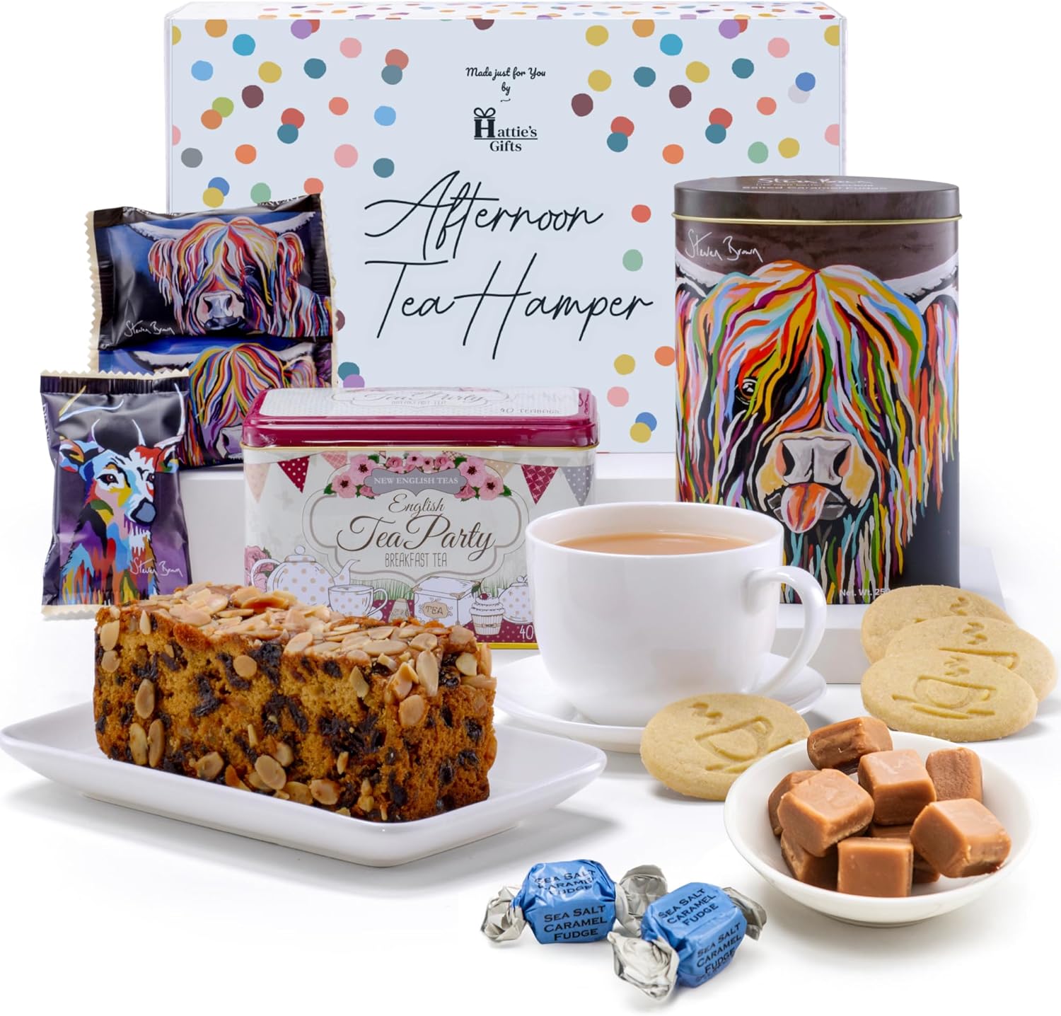 Hattie’s Gifts Afternoon Tea Hamper & Gourmet Gift Box - English Teabags, Salted Caramel Fudge, Dundee Cake & Scottish Shortbread - Tea Gift Set for Couples & Friends