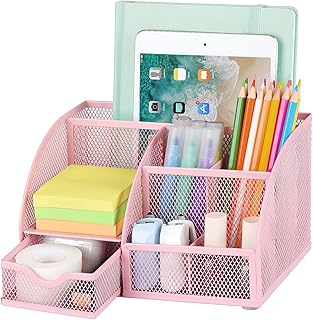 POPRUN Pink Desk Supplies and Accessories Organization,Desk Organizer with Drawer,Cute Pen/Pencil Holder,Pen/Pencil Organizer for Desk for Women Office,School Classroom and Art Supply