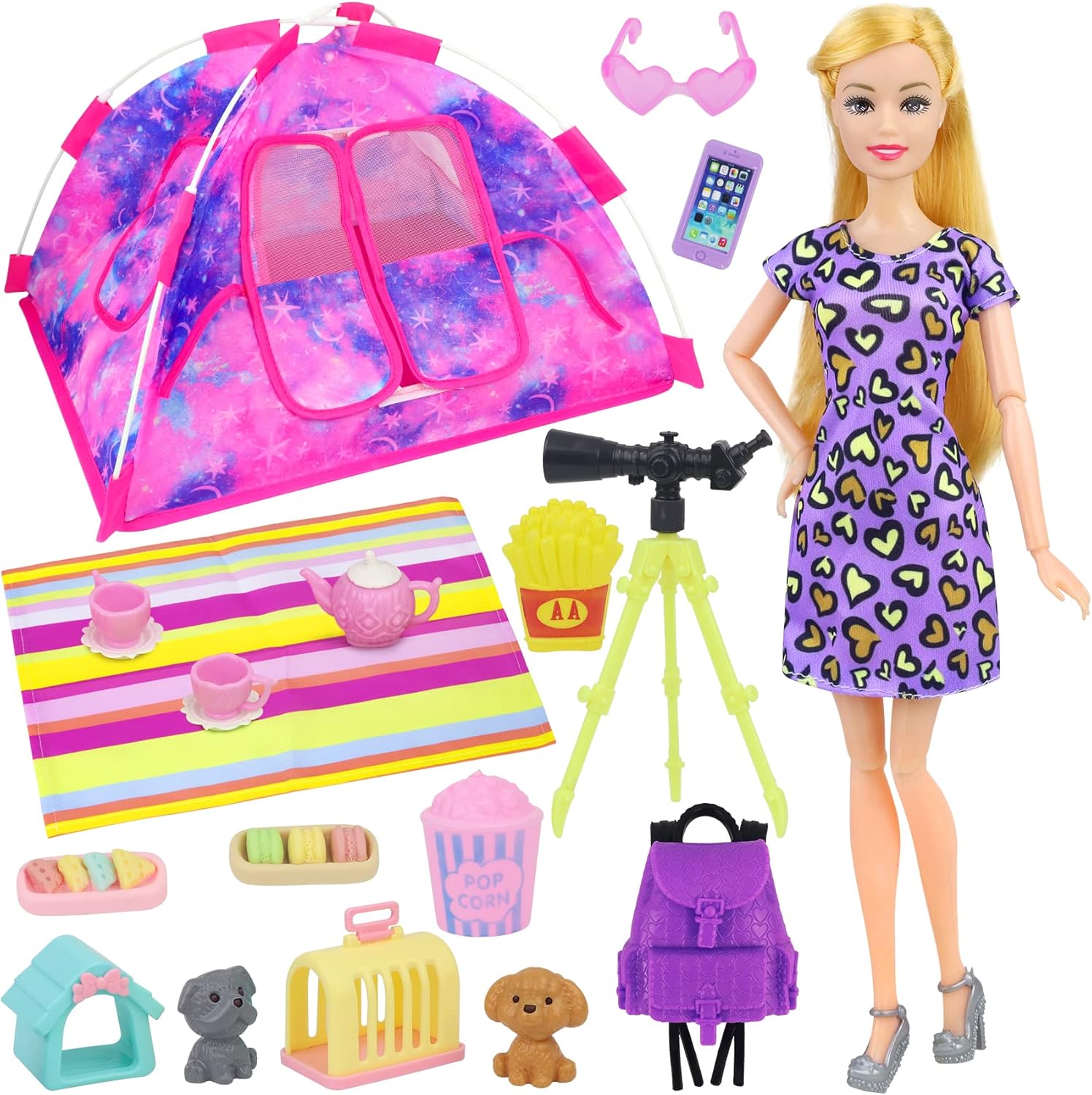 K.T. Fancy 18 PCS Girl Doll Travel Camping Tent Set and Accessories for 11.5 Inch Doll Includes Tent, Clothes, Backpack, Toy Dog, Placemat, Toy Phone, Glasses