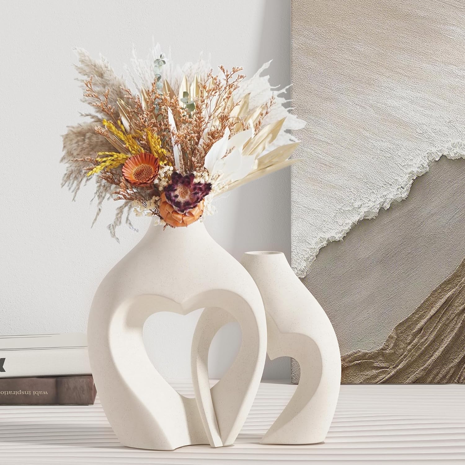 Ceramic Vase, Set of 2 Heart-Shaped Beige Modern Flower Vases for Living Room,