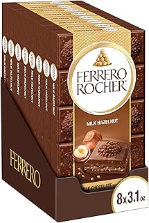Ferrero Rocher Premium Chocolate Bars, 8 Pack, Milk Chocolate Hazelnut, Luxury Chocolate, Individually Wrapped Holiday Treats, 3.1 oz Each