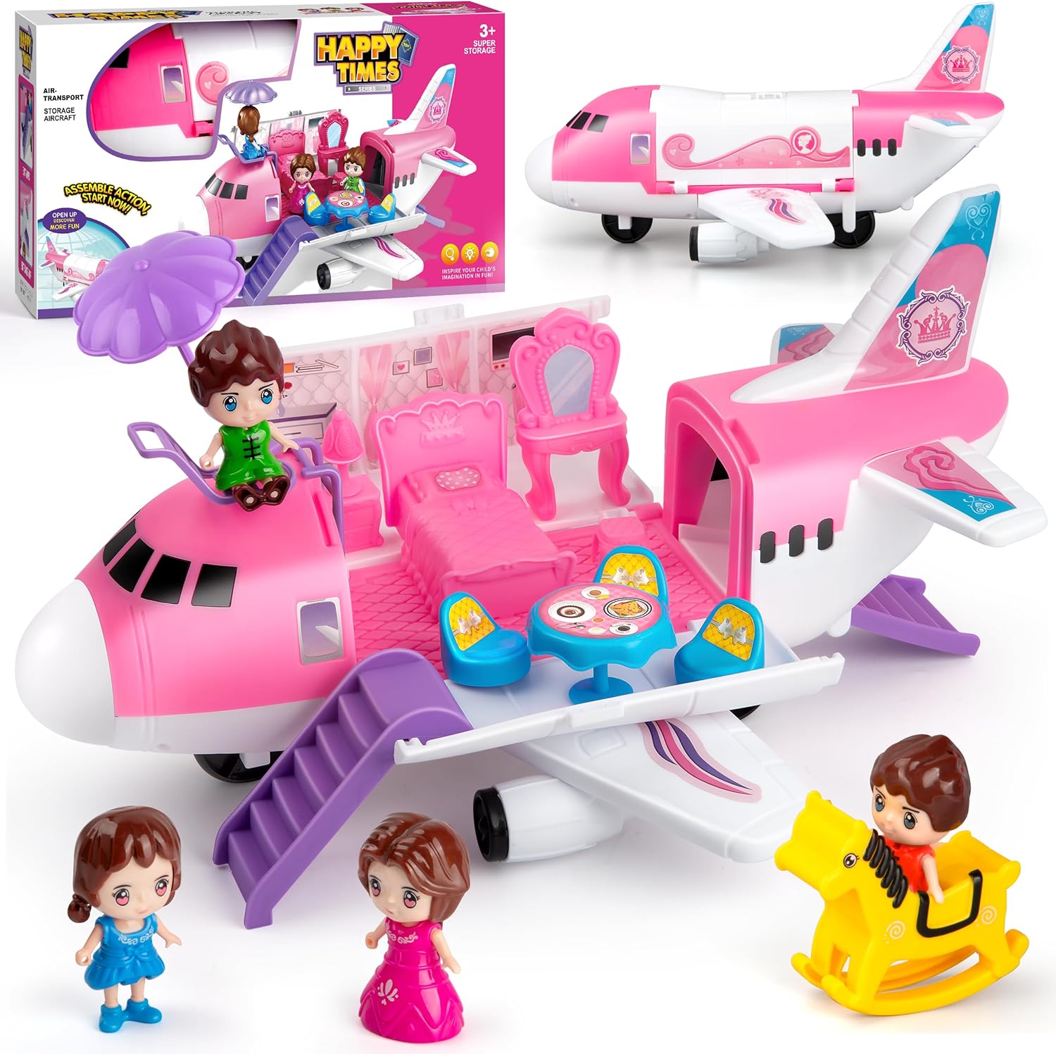Pink Airplane Toy for Kids, Plane Toys with Dolls, Furniture and Accessories for Boys Girls Birthday, Toy Aircraft Push and Go Action, Easy to Store