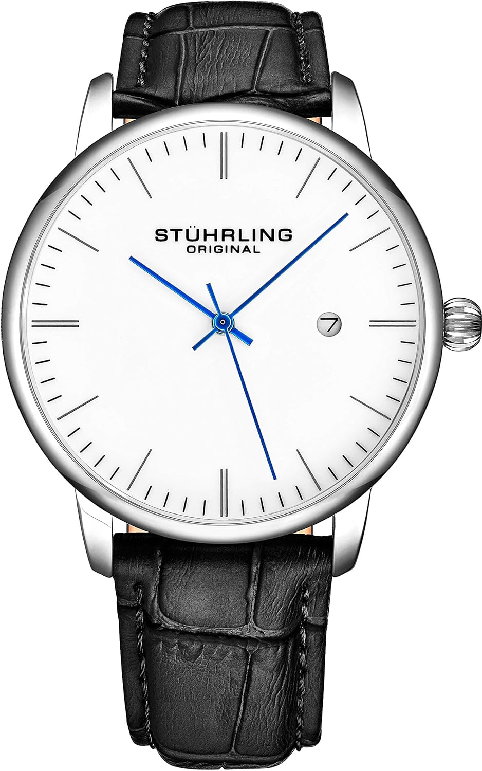 Stuhrling Original Chronograph Watch Men's Watches 44mm Steel Case Blue Dial with Leather Strap Tachymeter 24-Hour Subdial