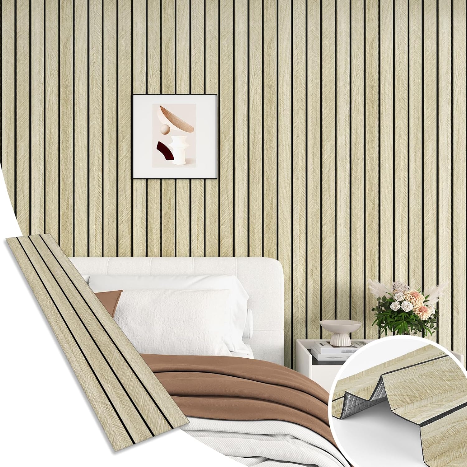 Light Oak Wood Slat Wall Panel Peel and Stick 3D Foam Wood Slat Wallpaper Removable Self Adhesive Wooden Contact Paper for Cabinets Bedroom Accent Wall Living Room Interior Decor 16.8"x118"