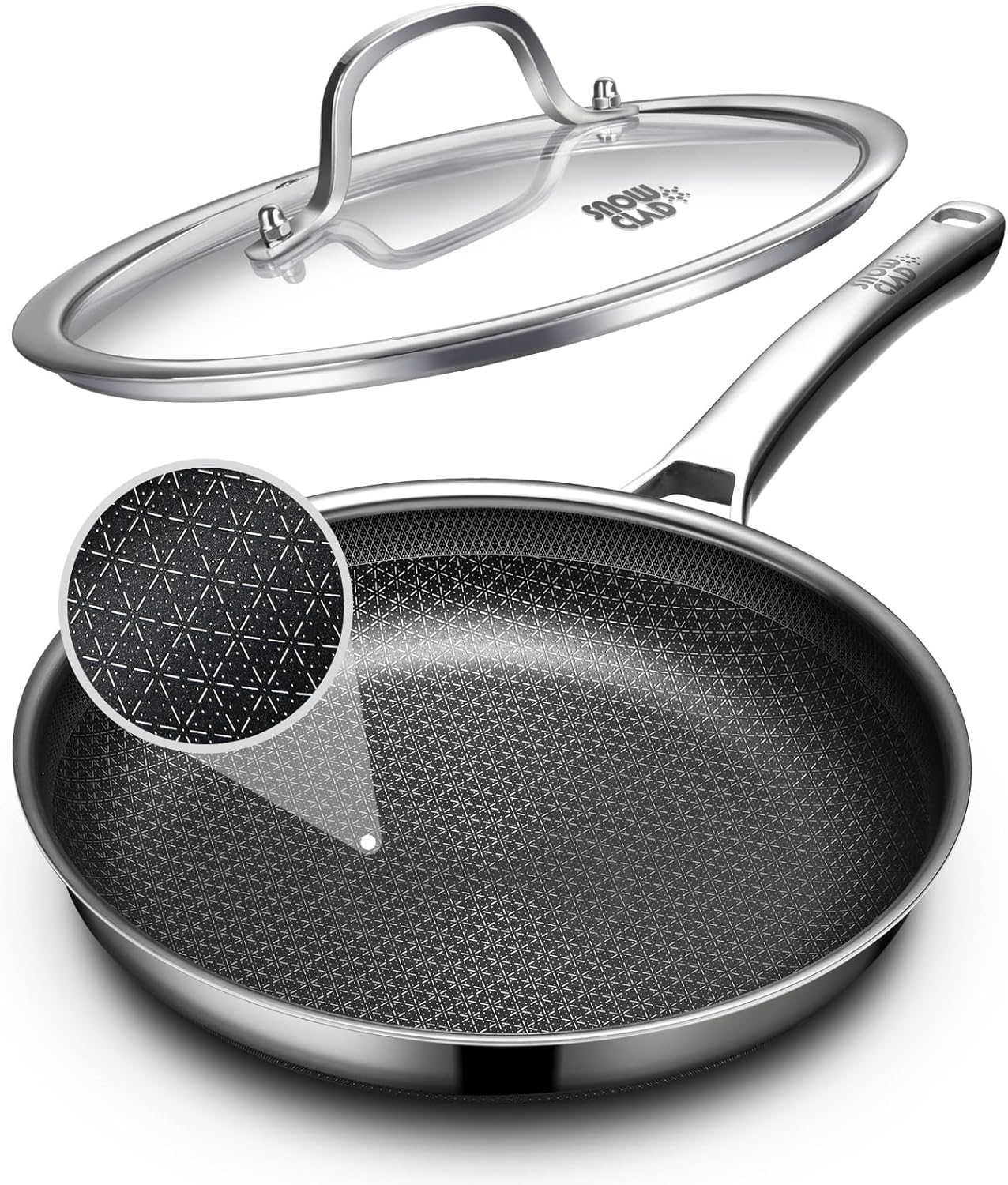 Non Stick Frying Pans with lid, 12 inch Hybrid Frying Pans Nonstick,non stick Stainless Steel Skillets, Dishwasher and Oven-Safe Chef Pan, Induction Compatible Cooking Pan, PFOA Free Cookware