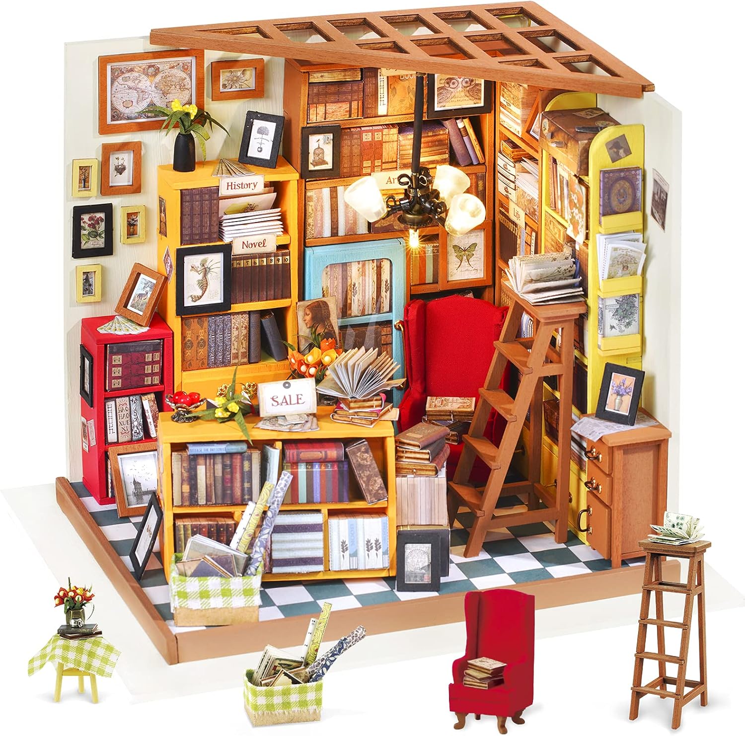 Rolife DIY Miniature Dollhouse Kit Bookstore Room Making Kit Mini Library Diorama Kit Wooden Model Building Set Hobby Christmas Birthday Gifts for Boys Girls Women (Sam's Study)
