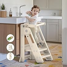 Foldable Toddler Tower Kitchen Step Stool for Sink Kids Adjustable Height Learning Tower for Children Montessori Learning Helper with Handles for Bathroom, Beige