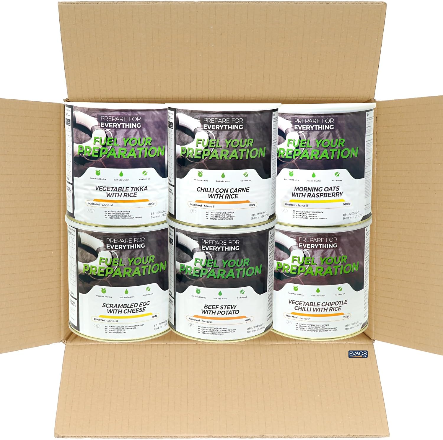 EVAQ8 Freeze Dried Survival Food Kit – 6 Tins | 25-Year Shelf Life | Emergency Food Supply | Meals Inc Vegan | Beef Stew, Chilli, Tikka, Oats, Eggs | Just Add Water