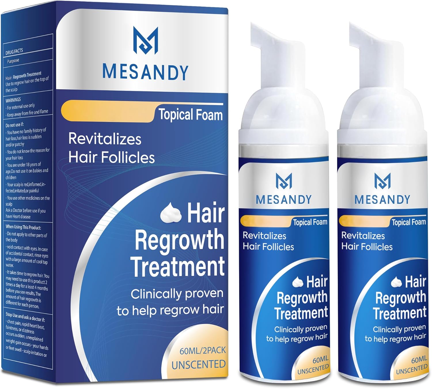 Hair Regrowth Foam for Men and Women: Anti Hair Loss Treatment for Hair Regrowth 2 Month Supply, Revitalizes Hair Follicles, Thicken Strengthen Longer Hair 2 x 60Ml