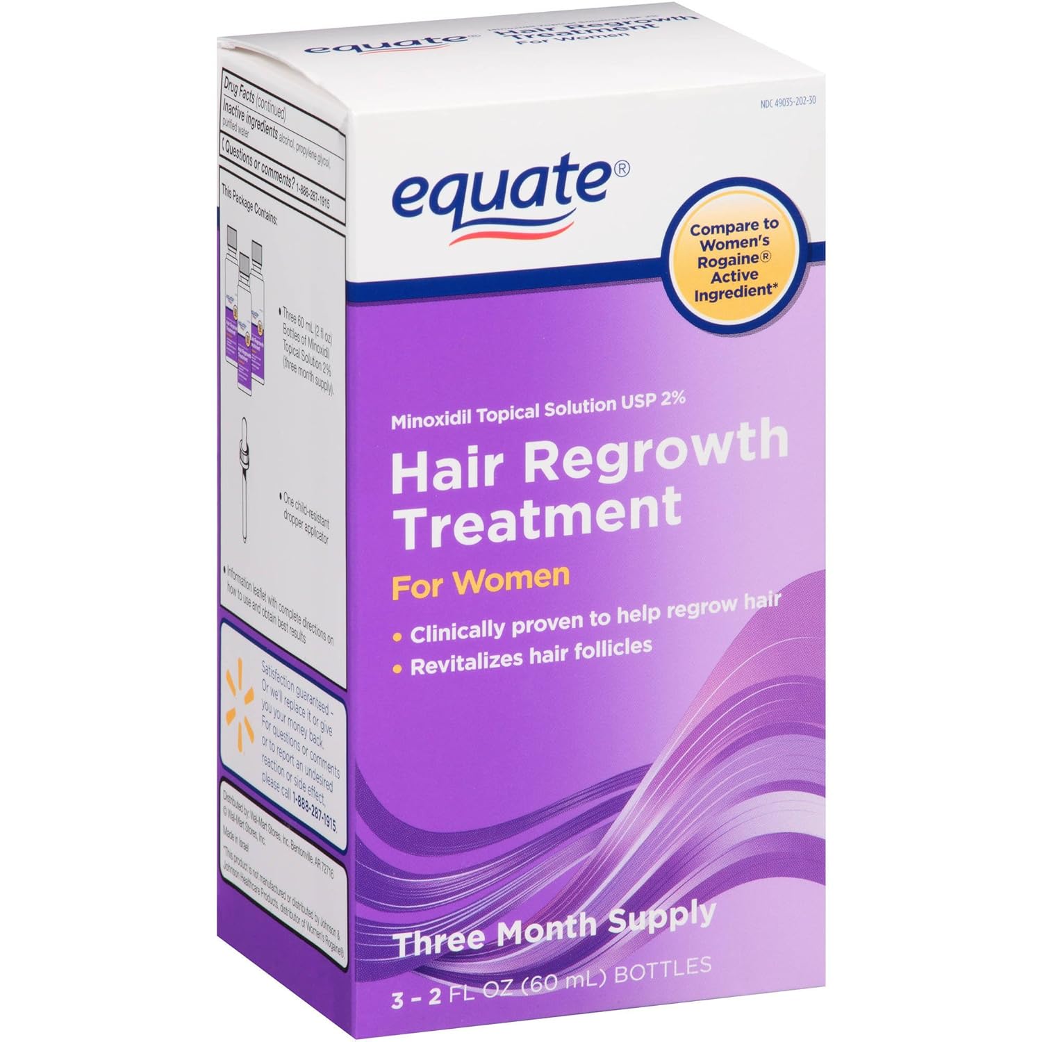 Hair Regrowth Treatment for Women with Minoxidil 2%, 3 Month Supply( 3 - 2oz bottles ) by Equate