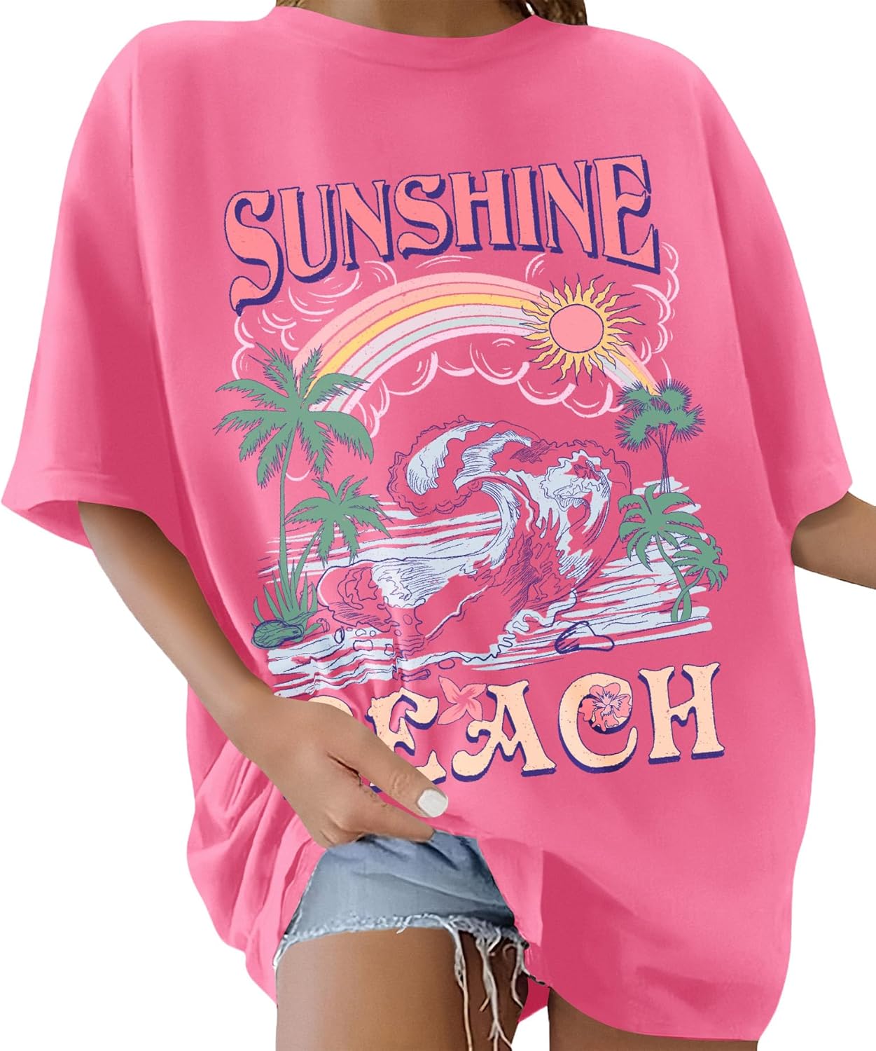 Lonya Women's T-Shirts Oversized Tops for Women Y2k Sunshine Beach Letter Printed Round Neck Rainbow Graphic Tee Ladies Short Sleeve Summer Tops Casual Baggy Plus Size Cotton T Shirts