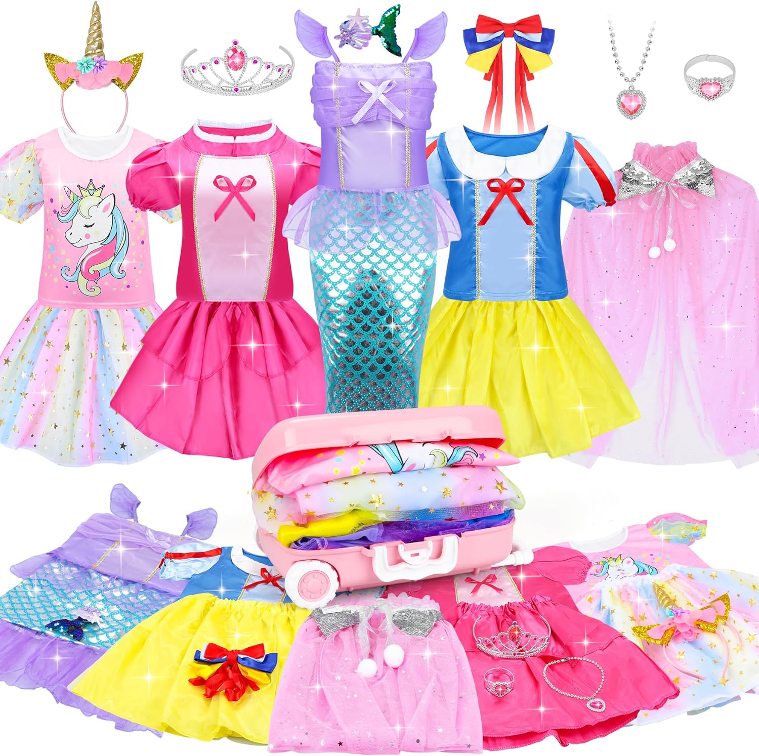 16 Pcs Princess Dress Up Clothes for Little Girl Role Play Costume Gift Set, Princess Mermaid Pretent Play Outfit Toys for Toddler Girls, Cosplay Birthday Party Gift for Girls Age 3 4 5 6 7 + Year Old