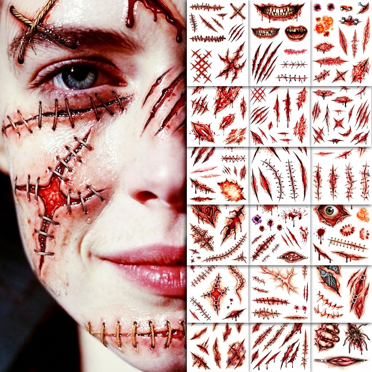 CHARLENT Halloween Fake Scar Tattoos for Face Body - 18 Large Sheets