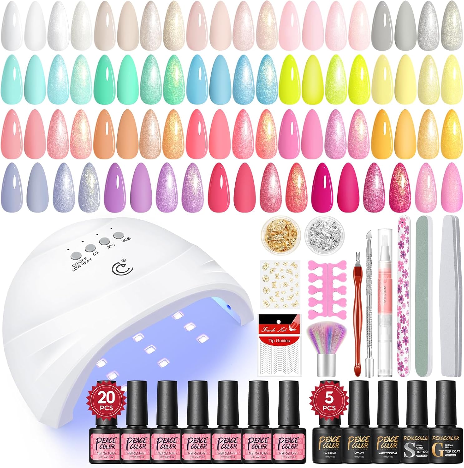 PEACECOLOR 38PCS Gel Nail Polish Set with Lamp Starter Kit Complete 20 Colours Soak Off Gel Nail Kit, Glossy Matte Glitter Top Coat Nail Art Decorations for Beginner DIY at Home