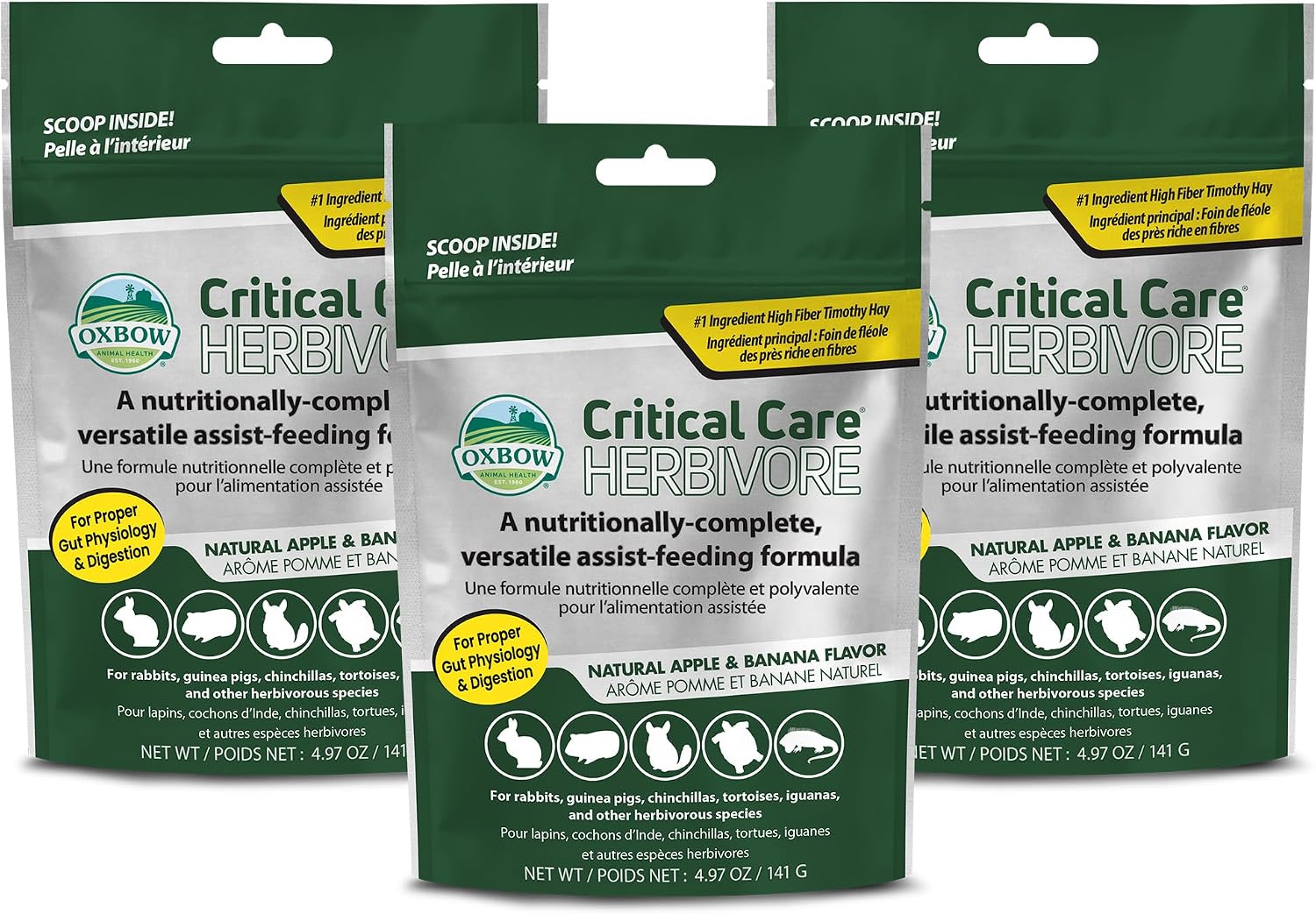 Oxbow Critical Care Herbivore Small Pet Formula, Apple Banana, 141g, 3 Pack | Recovery feeding support, high-fiber timothy hay, for rabbits & guinea pigs, vet recommended emergency nutrition