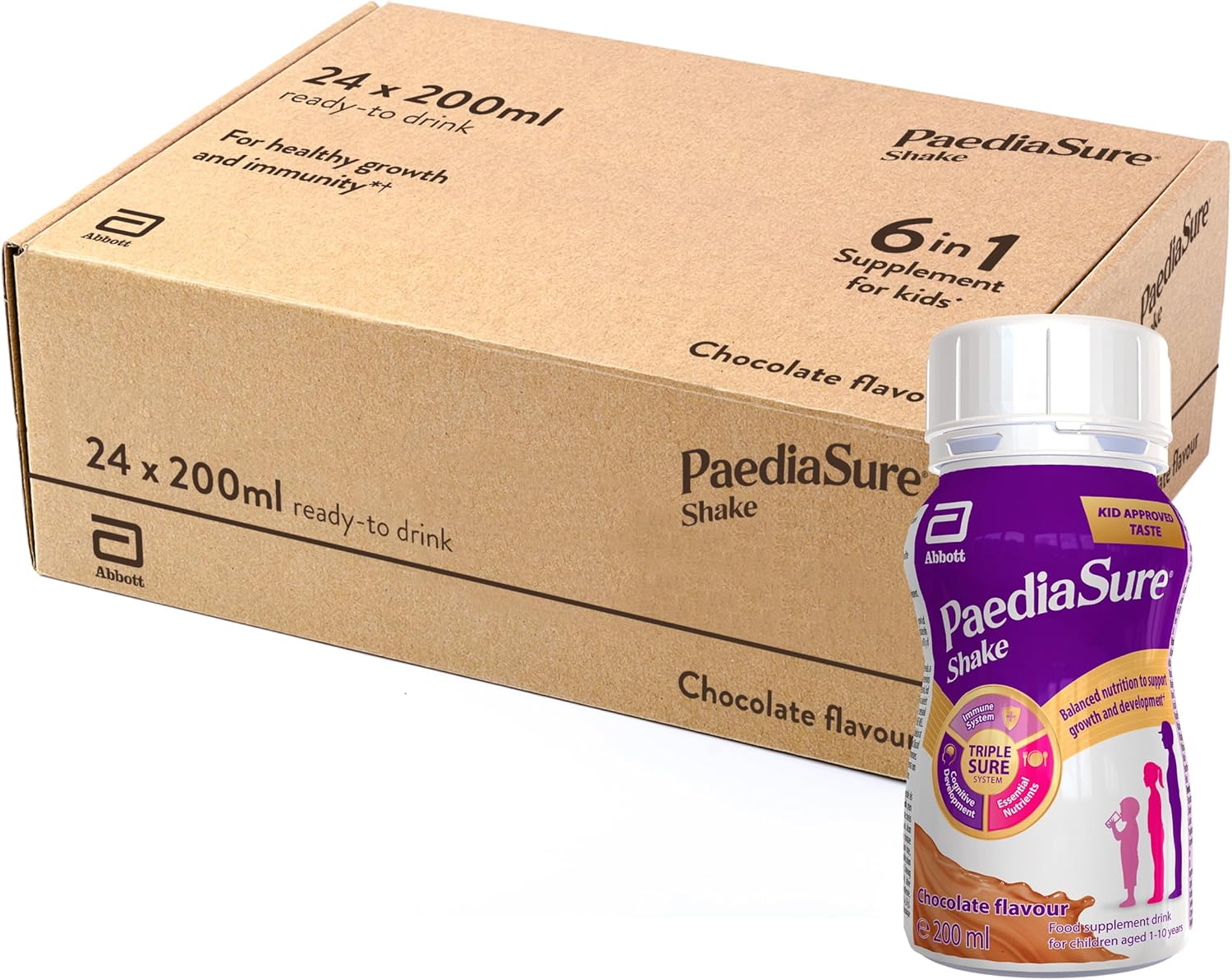 PaediaSure Shake – Ready-to-Drink Bottles – Chocolate Flavour – 24 x 200ml – Supplement for Kids with 26 Vitamins & Minerals – With Vitamin D, Iron & Protein – Supports Kids’ Healthy Growth & Immunity