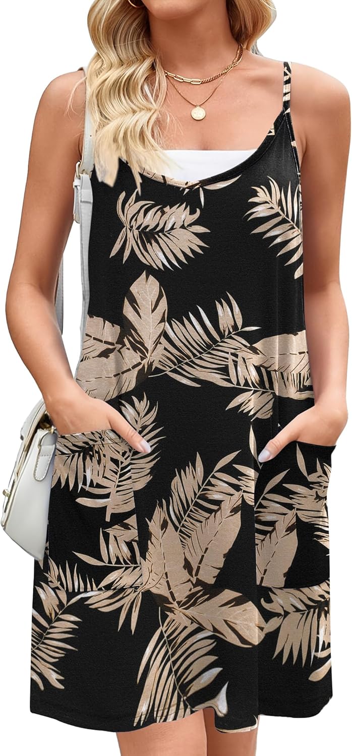 Zeagoo Women Summer Dresses Casual Beach Vacation Dress Spaghetti Strap Sundress Sleeveless Mini Short Dress with Pockets