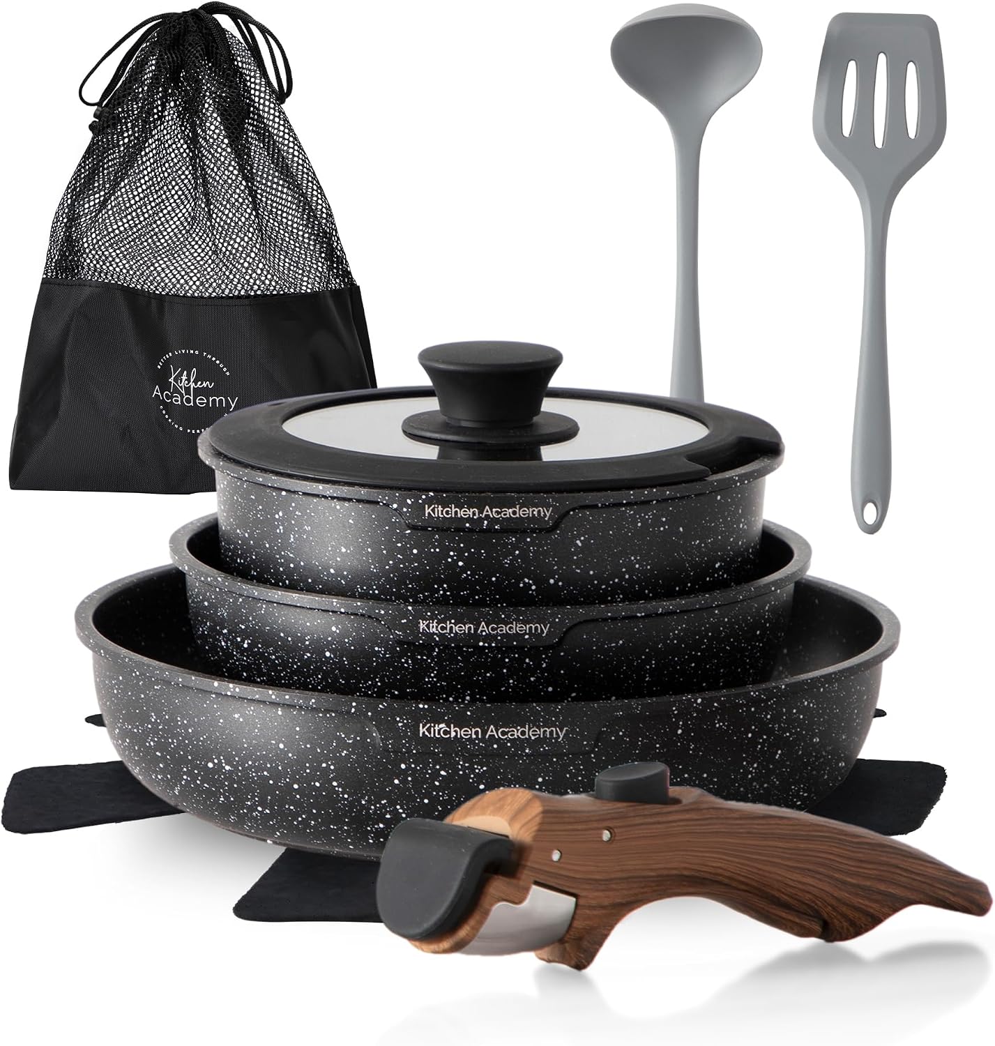 Kitchen Academy Non Stick Cookware Set, 10 PCS with Detachable Handle Black