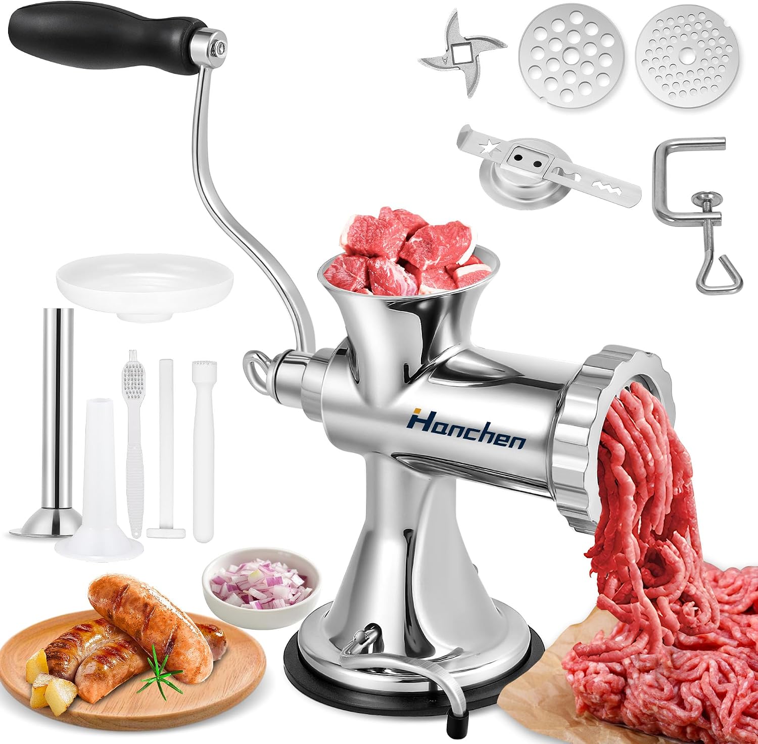 Hanchen Manual Meat Grinder Stainless Steel Sausage Maker Manual Meat Mincer Machine with 4.5/8mm Plates, Suction Cup Household Sausage Stuffing Machine