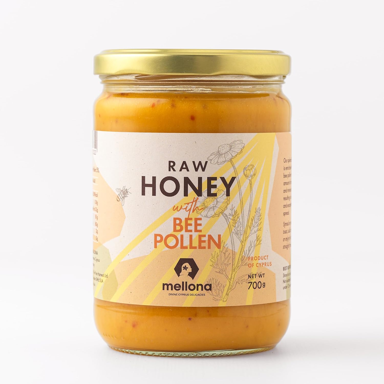 Mellona 100% Raw Honey Unfiltered with Bee Pollen - Natural Honey Raw Unprocessed, Unheated & Unfiltered, No Artificial Additives, Pure Superfood 700 Gram