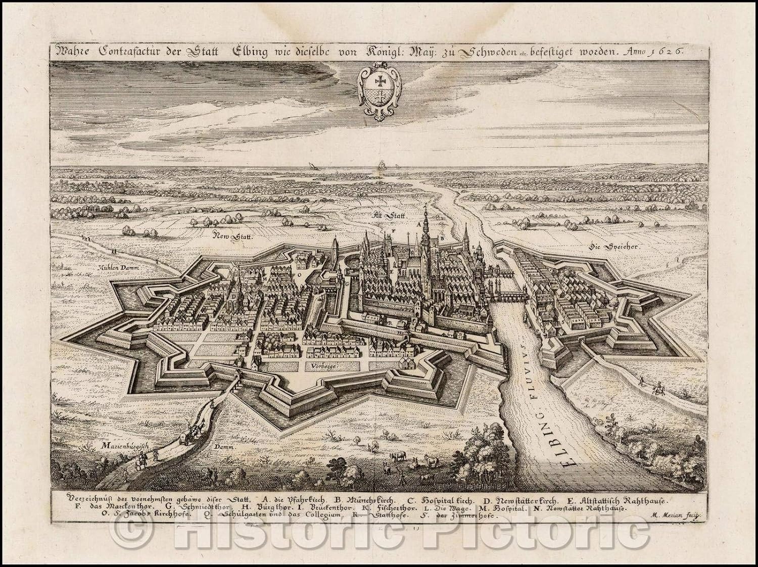 Historic Map - Wahre Contrafacur der Statt Elbing wie dieselbe von Konigl. Maij: zu SCH :: Birdseye View of The Town of Elblag in Northern Poland, 1640 - Vintage Wall Art 59in x 44in