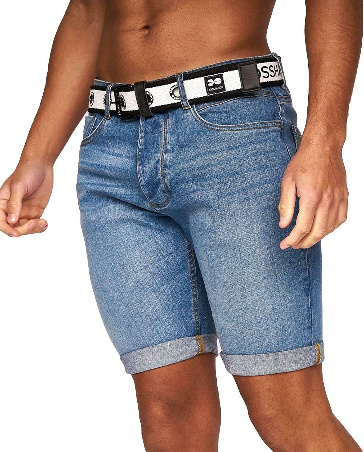 Crosshatch Mens Stretch Denim Shorts Belted Knee Length Roll Up Faded Casual New
