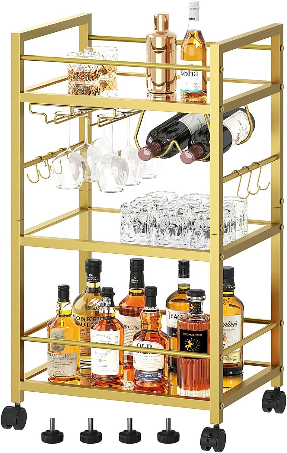 Bar Cart, Serving Cart for Home, Microwave Cart, Drink Cart, Mobile Kitchen Shelf with Wine Rack and Glass Holder, Rolling Beverage Cart for Dining Room, Gold