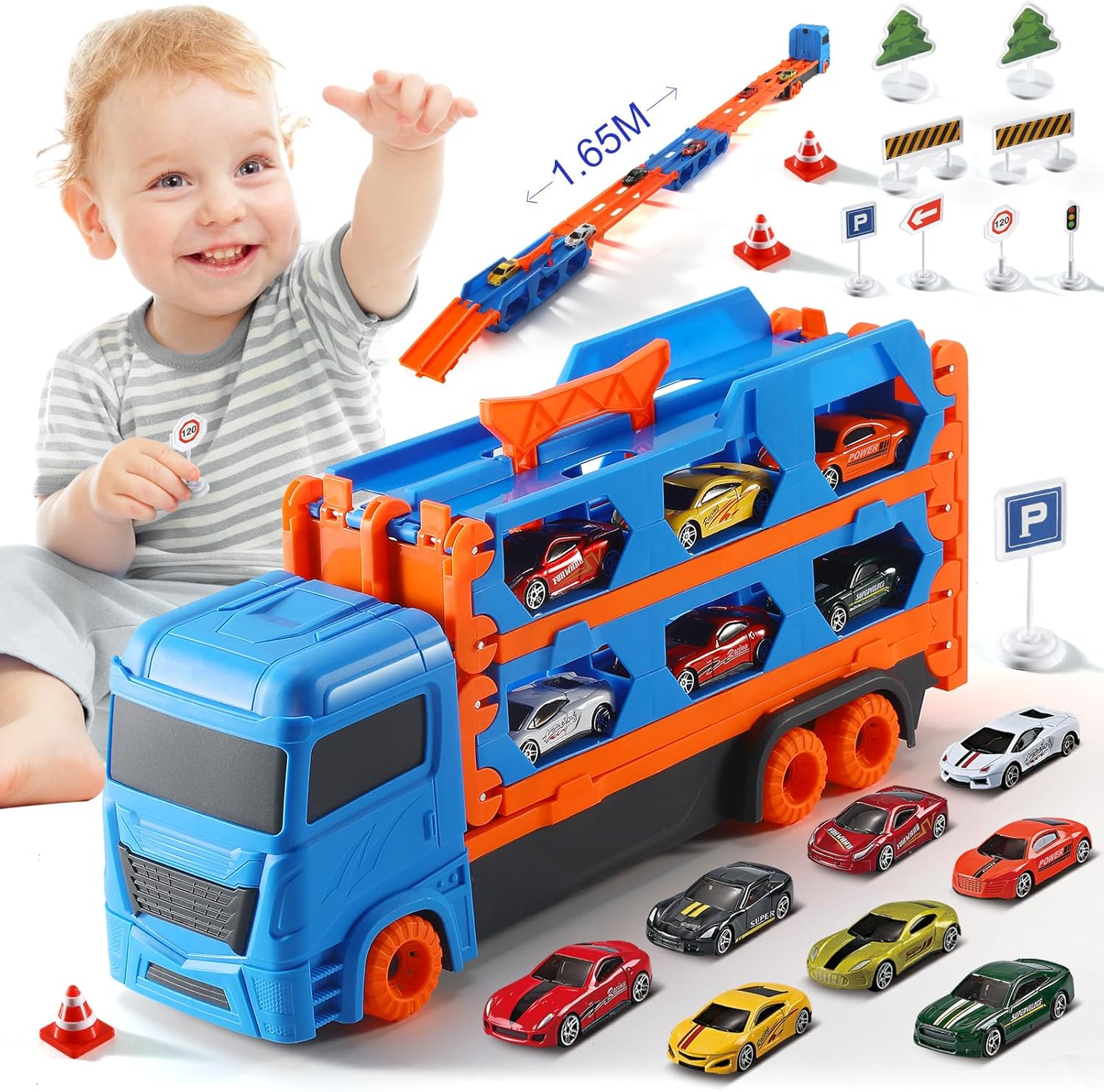 Transport Truck Toy Cars Set ，Best Gift for Kids，Boys and Girls Aged 3 4 5 6 with Race Cars and road signs, Folding Storage, 2 Ejection Race Track, Carrier Vehicles Toys