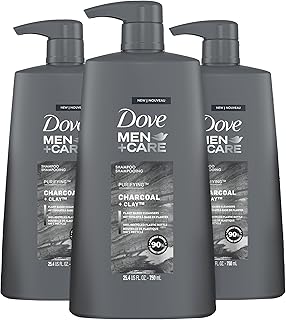 DOVE MEN + CARE Shampoo Charcoal + Clay 3 Count For Healthy-Looking Hair Naturally Derived Plant Based Cleansers 25.4 oz