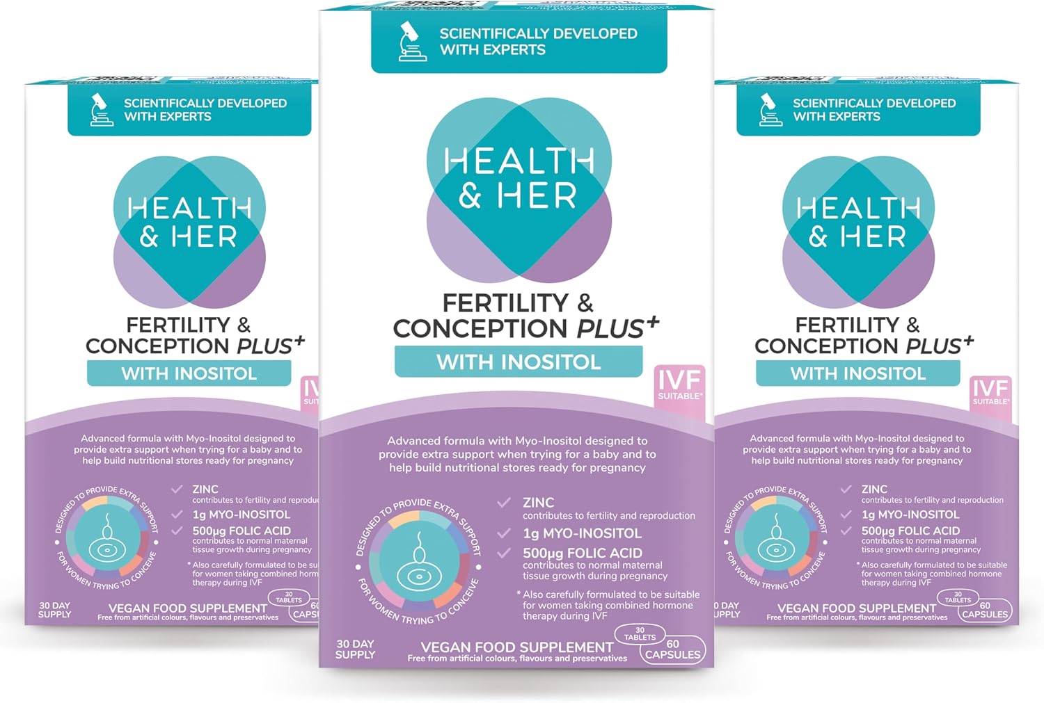 Health & Her Fertility & Conception Plus Prenatal Vitamins, 90 Day Supply | Daily prenatal vitamin for women with Inositol, Folic Acid, Selenium, B12, Zinc & Magnesium; Vegan, gluten-free; 180 Capsules
