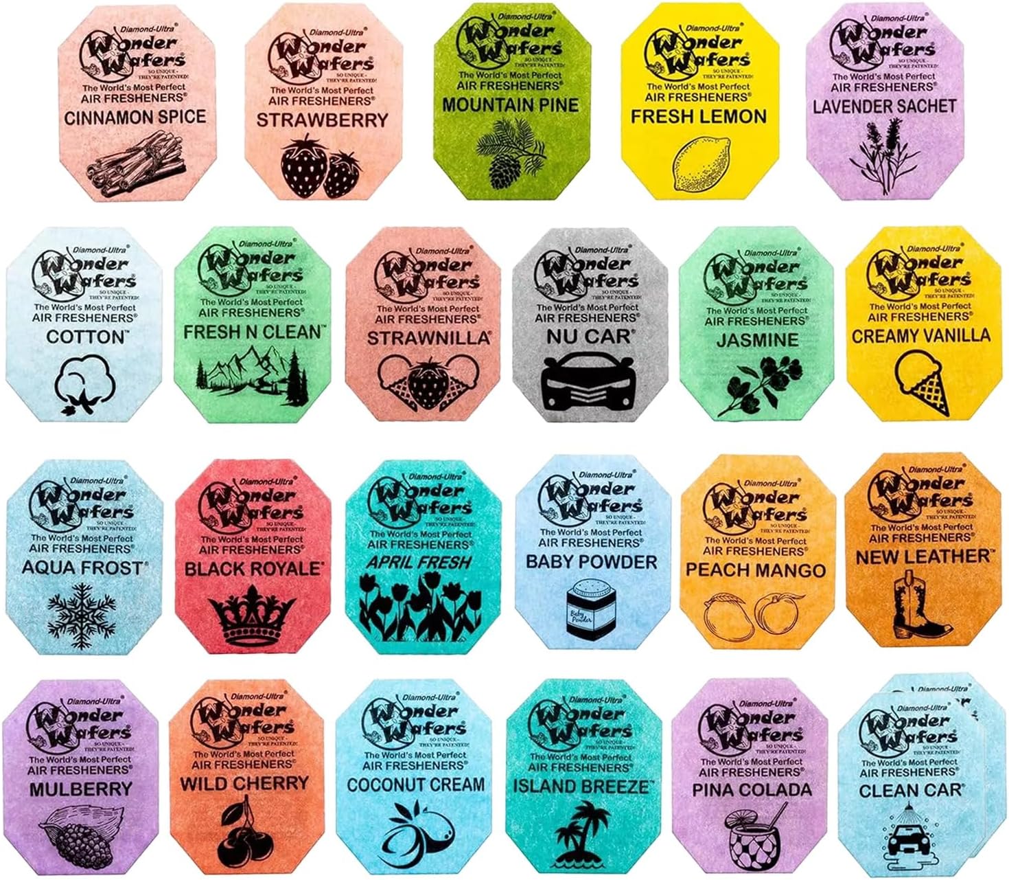 Wonder Wafers Car Air Freshener Wafers Variety Pack of 24 - Individually Wrapped Car Air Fresheners - 23 Scents Car Fresheners (24 Pack 23 Scents)