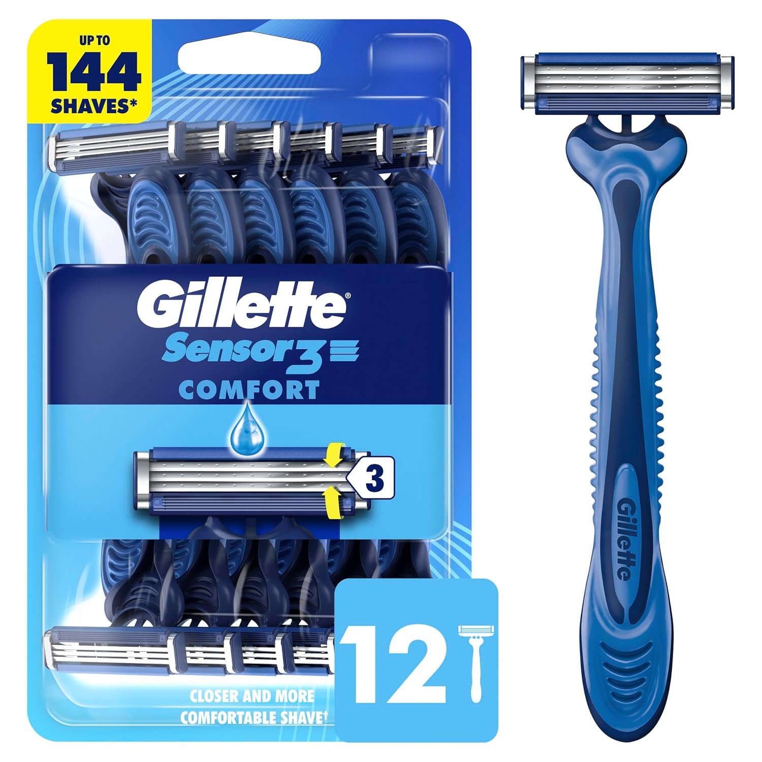 Gillette Sensor3 Comfort Men's Disposable Razors, 12 Razors