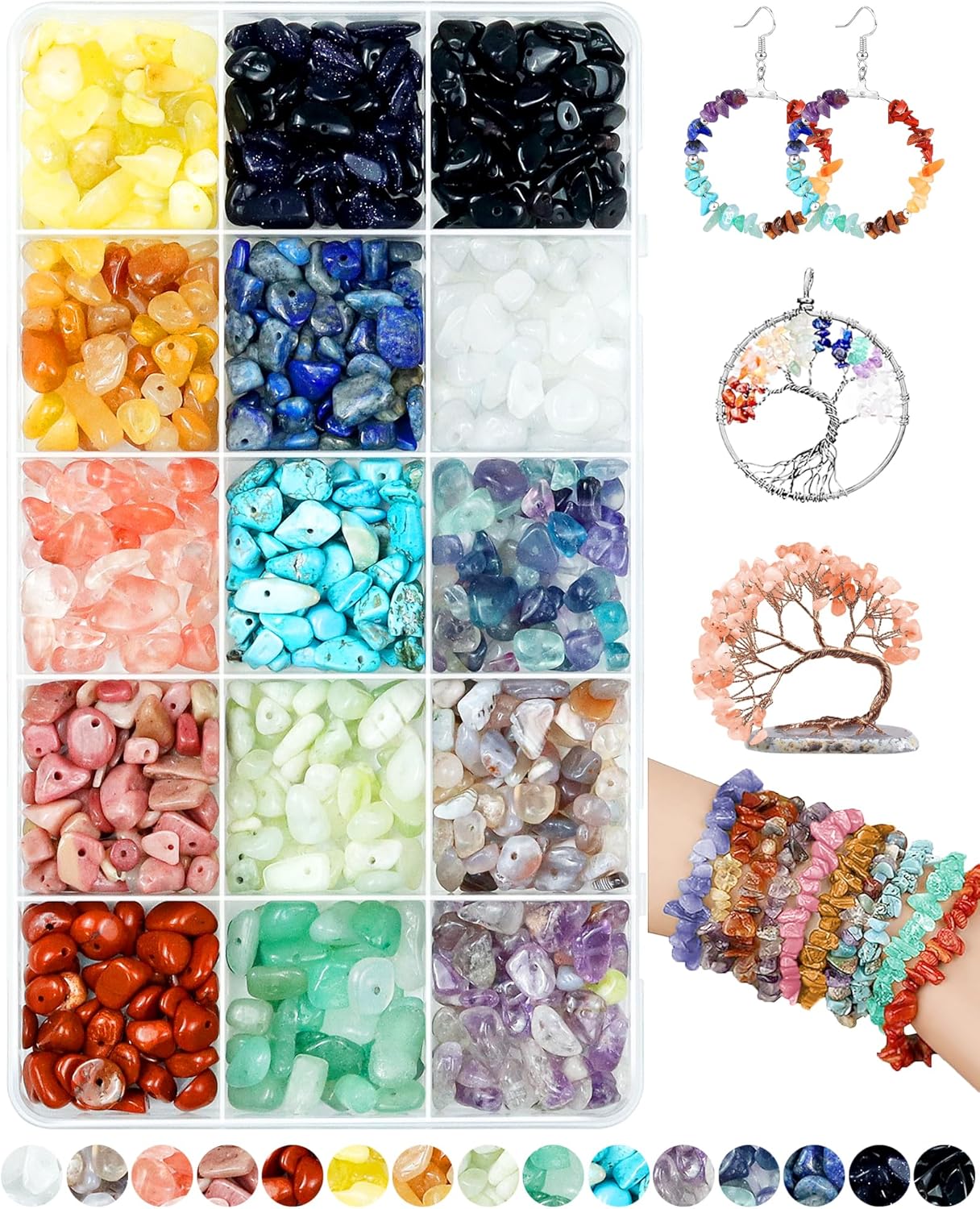 FIVEIZERO 600pcs Natural Chip Stone Beads 5-8mm - 15 Color Crystal Chip Beads for Jewelry Making, DIY Irregular Gemstone Beads with Drilled Holes (Healing Crystals for Bracelet Necklace Craft)