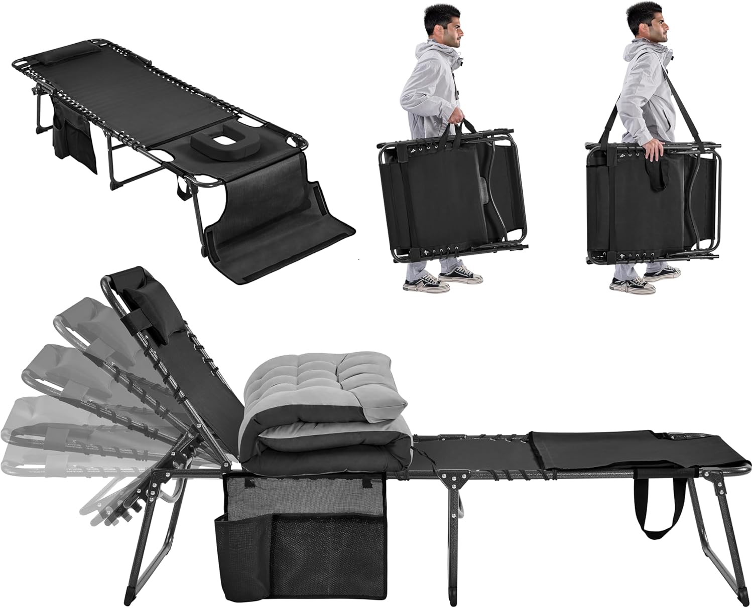 Yaheetech Outdoor Folding Tanning Chair, Portable Tanning Lounger with Removable Padded Cushion and Face Hole, 5-Position Adjustable Chaise Lounge Chairs, for Patio, Beach, Lawn, Black