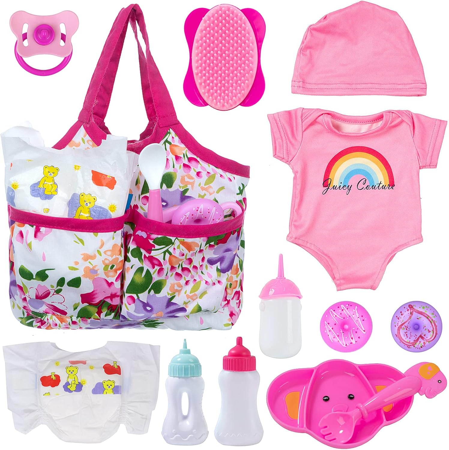 Ecore Fun 13 Piece Baby Accessories - Doll Feeding & Caring Set Includes Diaper Bag, Clothes, Diapers, Baby Bottles, Dinner Plate, Pacifier, Comb - Pretend Play Set for Toddlers & Kids