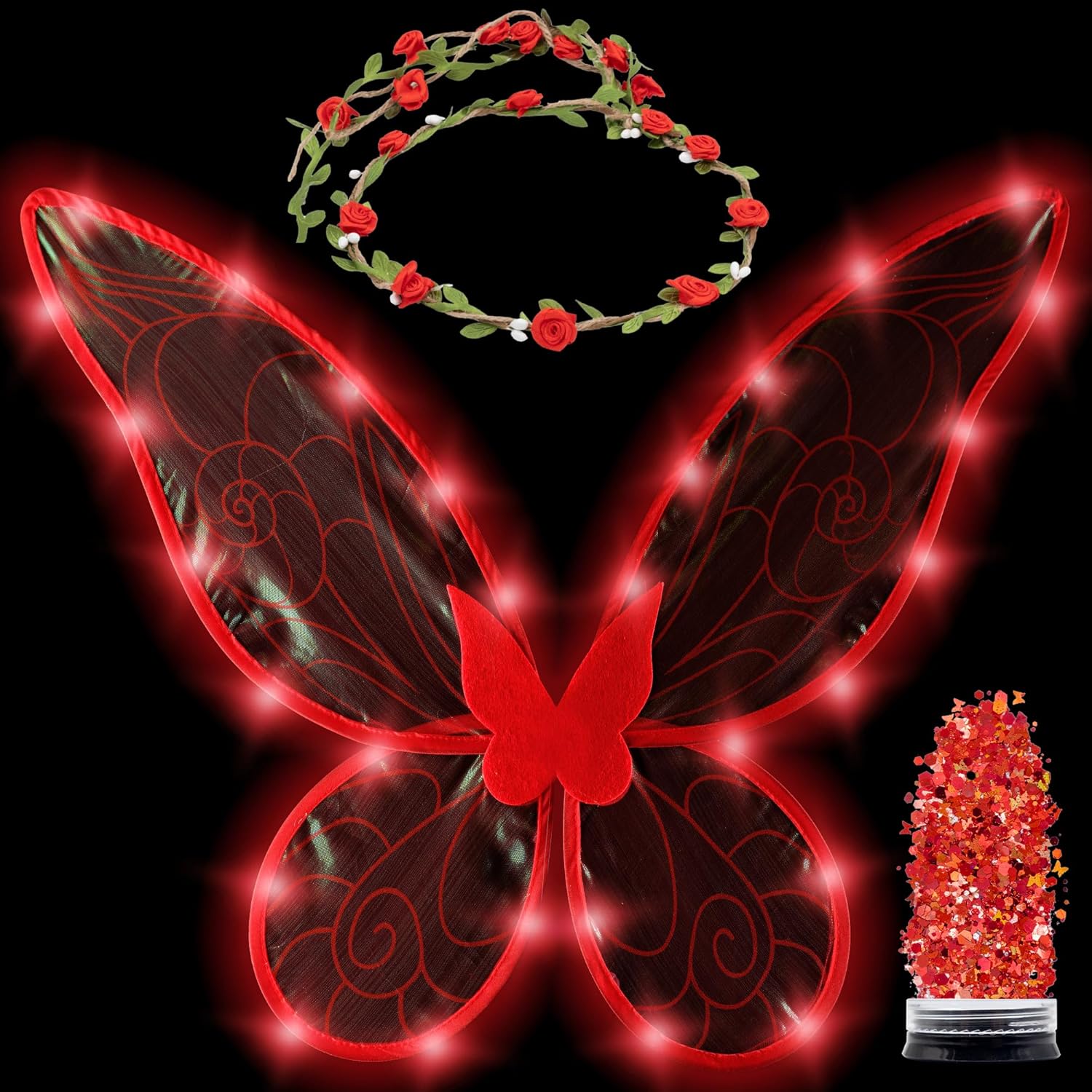 Funcredible Fairy Costume For Women and Girls - Light Up Fairy Wings and Flower Crown, Glitter - Butterfly Wings