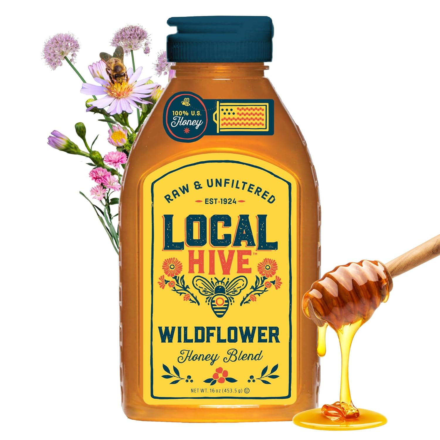 Local Hive Wildflower Raw Unfiltered Honey – 16oz, 100% Pure US Honey, Sourced from American Bees and Beekeepers - Natural Sweetener, Ideal for Tea, Baking, and Cooking