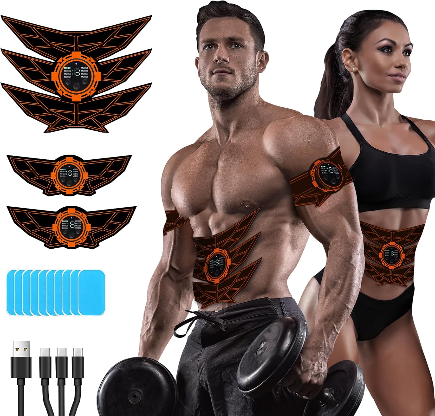 EMS Muscle Stimulator ABS Trainer, ABS Stimulator Men Women, Safty Effective Quick EMS Muscle Trainer, Full-body Workout ABS Trainer, 8 Mode & 15 Intensity, 10pcs Replacement Hydrogel (Orange)