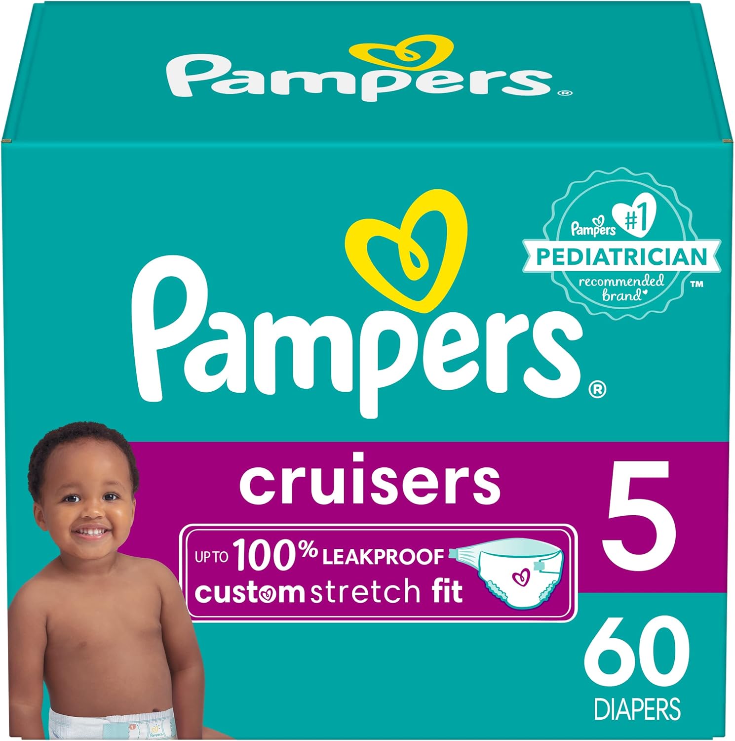 Pampers Cruisers Diapers - Size 5, 60 Count, Disposable Active Baby Diapers with Custom Stretch