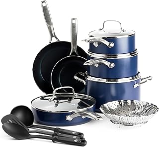 Blue Diamond 14 Piece Cookware Pots and Pans Set, Diamond Infused PFAS-Free Ceramic Nonstick, Durable Metal Utensil Safe & Scratch Resistant, Even Heating, Dishwasher Safe, Glass Lids, Oven Safe