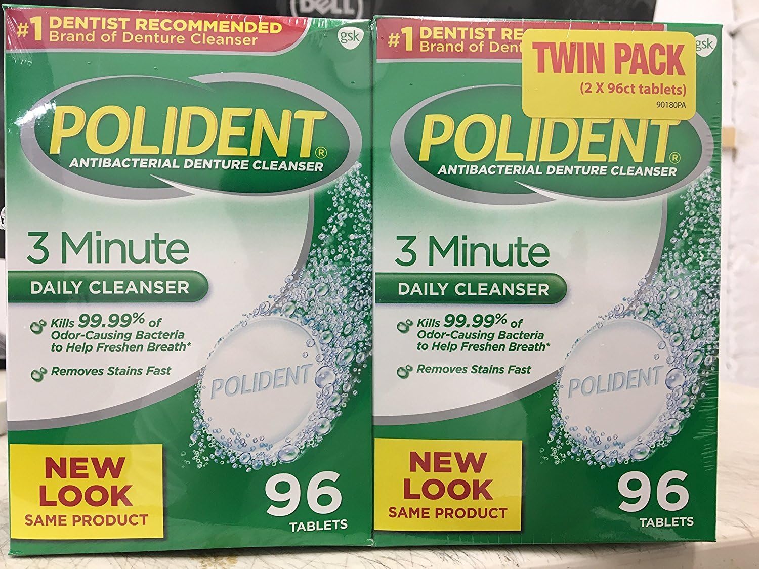 Improved Triple Mint Freshness - Polident Antibacterial 3 Minute Denture Cleanser 96 Tablets per Box (Pack of 2)