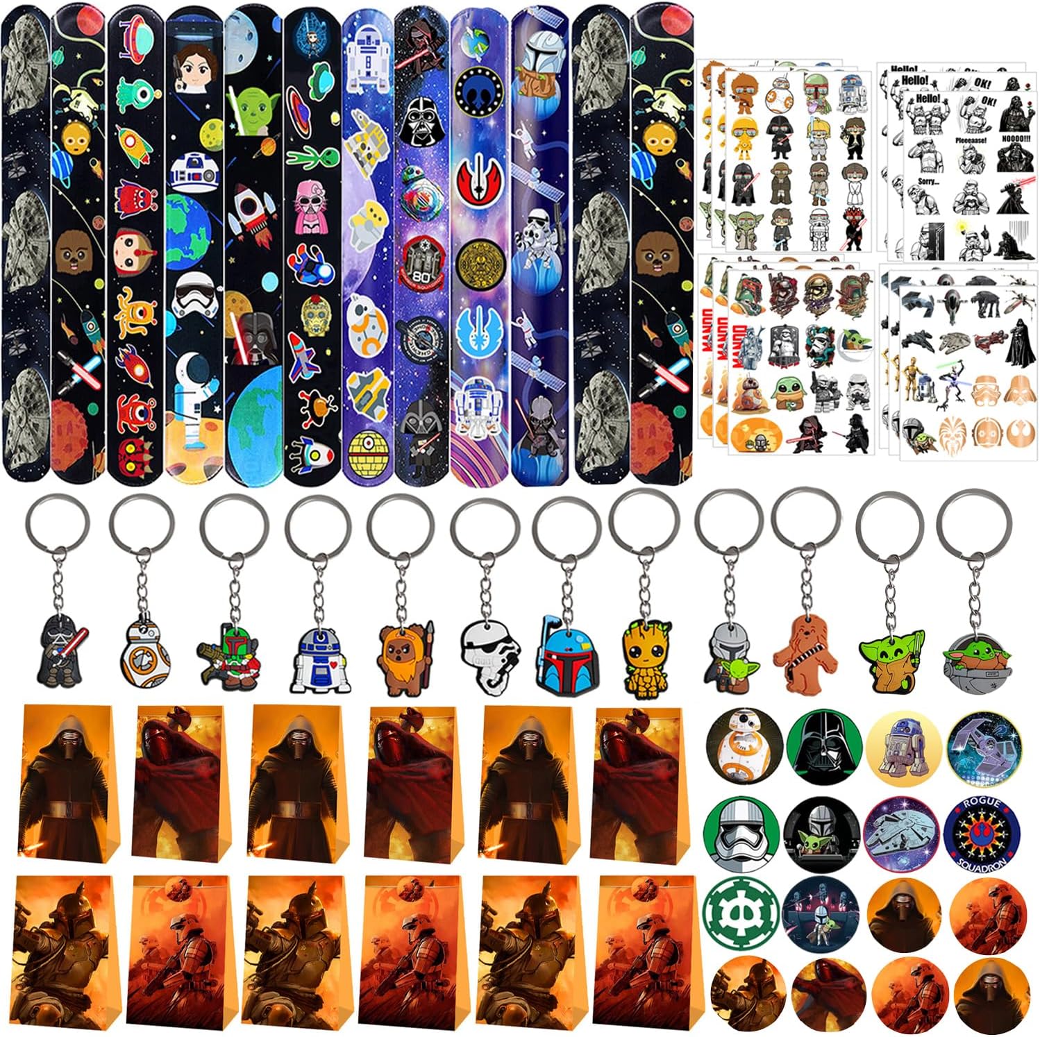 Yrmysrx Galaxy Wars Party Favor Gifts Set Included 12 Paper Gift Bags with Stickers, 12 Key-chains, 12 Slap Bracelets, 12 Badges, 12 Sheet Temporary Tattoos for Kids Party Decorations Supplies