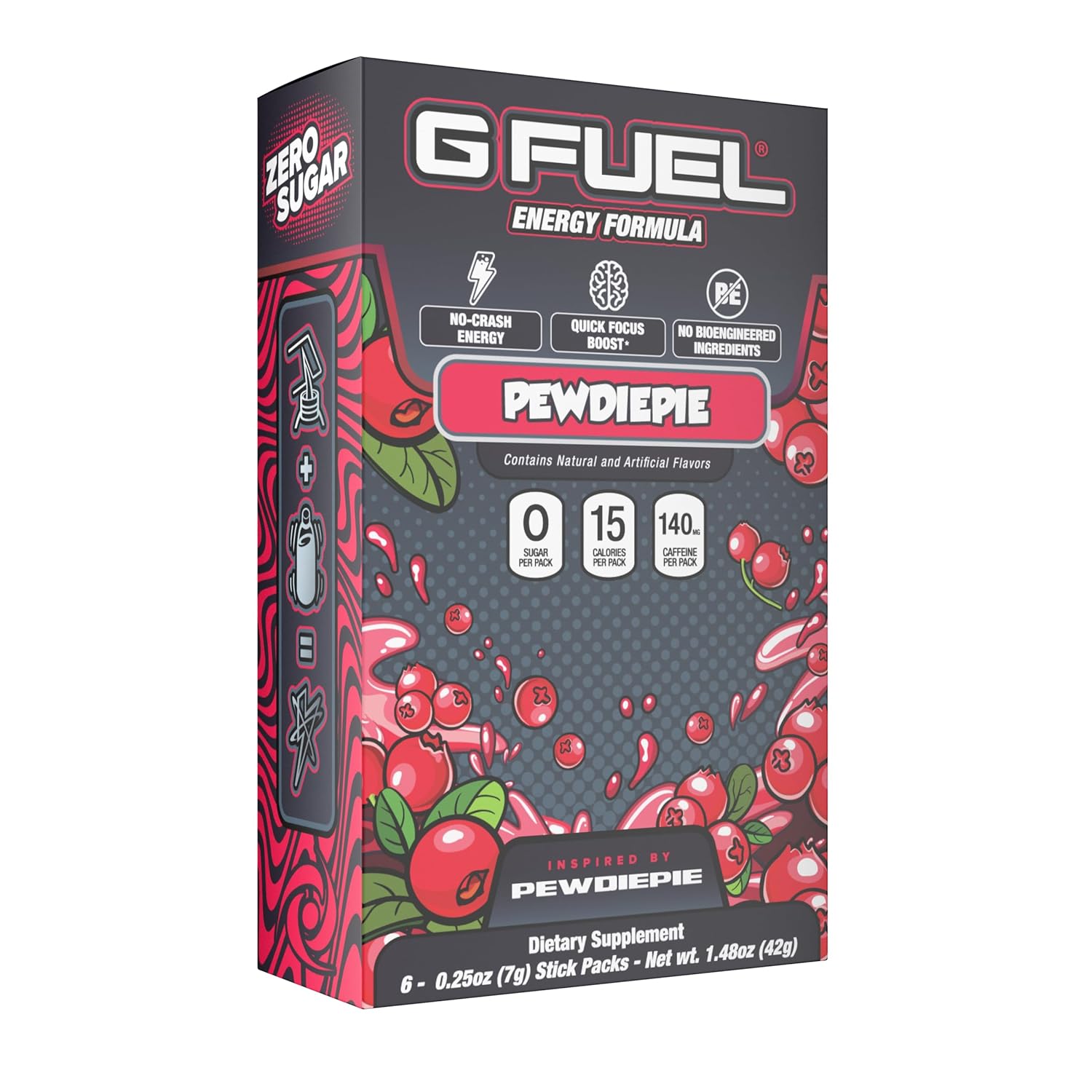 G Fuel PewDiePie Energy Powder Packets, Sugar Free, Clean Caffeine Focus Supplement, Water Mix, Lingonberry Fruit Flavor, Focus Amino, Vitamin + Antioxidants Blend - 6 Stick Pack, 0.25 oz