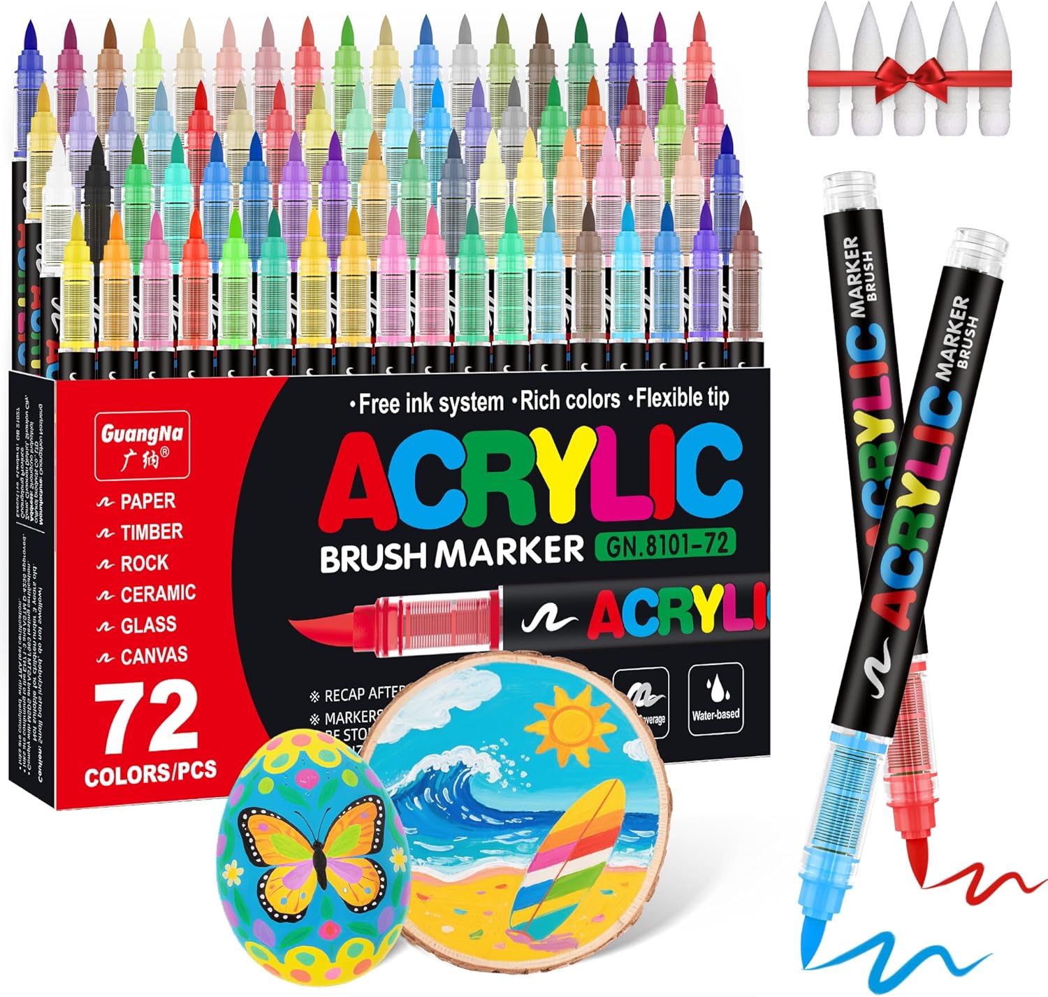 Guangna Acrylic Paint Markers Brush Tip, 72 Vivid Colors with Direct-Liquid Ink Control System, Professional-Grade Paint Pen for Rock Painting, Canvas, Glass, Plastic, Fabric & Creative Crafts