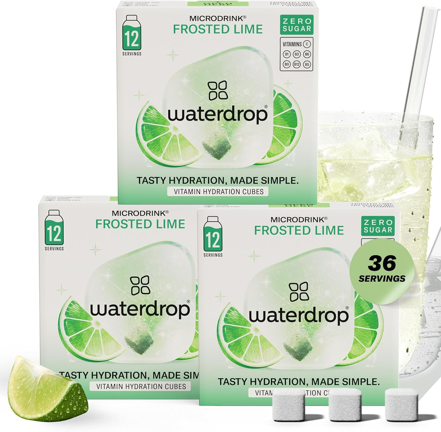 waterdrop® Microdrink Frosted Lime Fizzy Drinks Multipack – Lemon-Lime Flavour – 36 Water Flavouring Hydration Tablets – Sugar Free, Low Calorie Drink Cubes – Flavoured Fizzy Drinks with Vitamin C & B