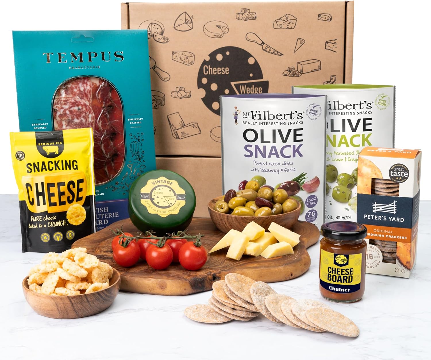 Charcuterie Box Gift, Meat, Cheese, Olives, Crackers, Chutney & Crunchy Snacking Cheeses