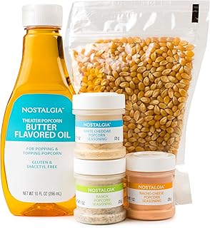 Nostalgia Gourmet Popcorn All-In-One Supply Kit - Includes 1 Lb. Bag of Kernels, 8 Oz. Butter-Favored Soybean Oil, and 3 1 Oz. Seasoning Jars - White Cheddar, Ranch, and Nacho Cheese Flavors